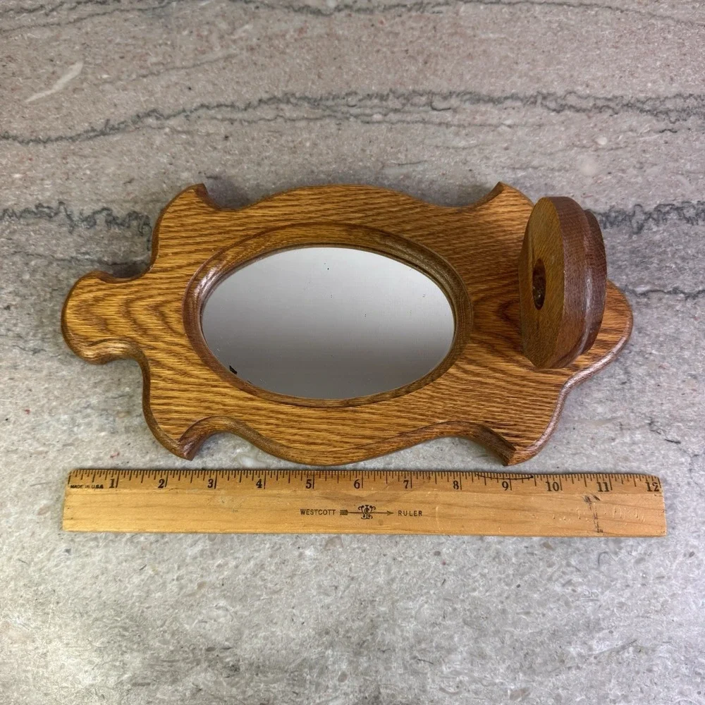 Vtg Oak Wall Mirror Shelf Oval Wood Entryway Bathroom Farmhouse Decor Handmade